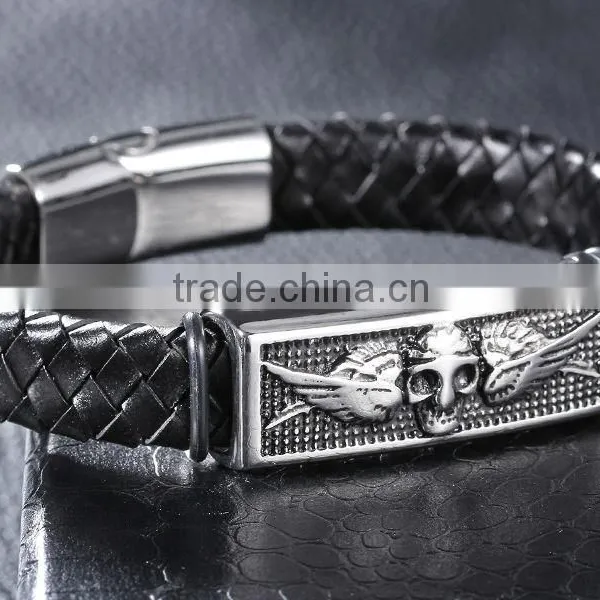 Halloween Punk Skull Wings Genuine Leather Bracelet Unisex Stainless Steel Clasp Cuff Bangle photo-3