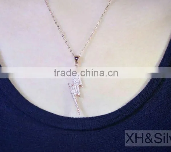 Rose Plated 16inch 925 Silver Jewelry CZ Lightning Pendant Necklace photo-2