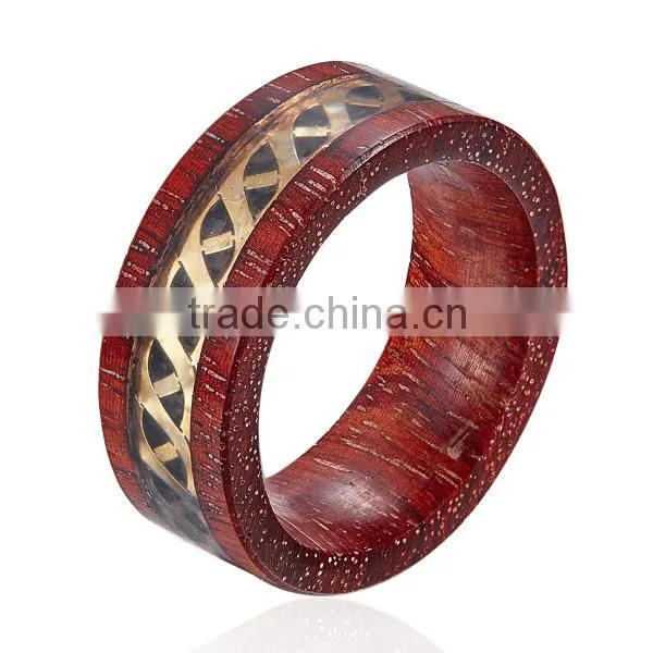 Natural Red Wooden Ring With Metal Piece Inlay photo-2