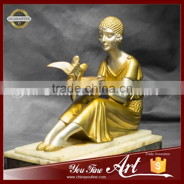Hold Bird Bronze Golden Sitting Girl Sculpture photo-2