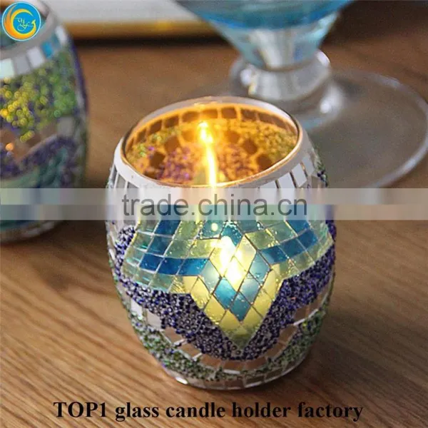 Silver Blue Mosaic Glass Hurricane Candle Holder photo-6