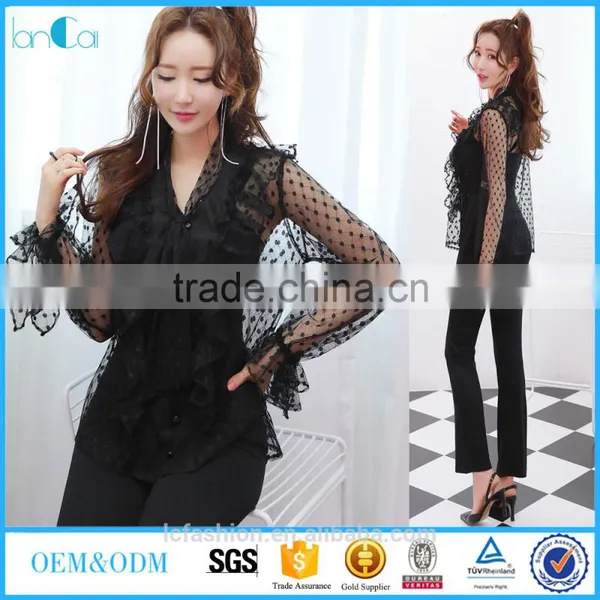 2017 Fashion Mesh Top With Long Sleeve and Ruffle