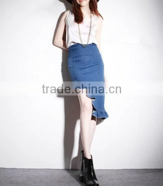 2015 New Fashion Asymmetrical Ruffled Denim Pencil Mini Short Skirt photo-6