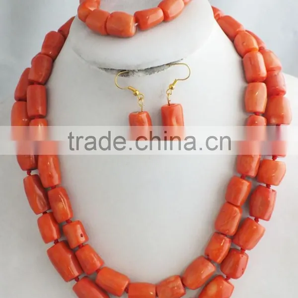 China Factory Direct Sale!!! 2 Rows Red Coral Jewelry Set With Necklace Earrings and Bracelet photo-3