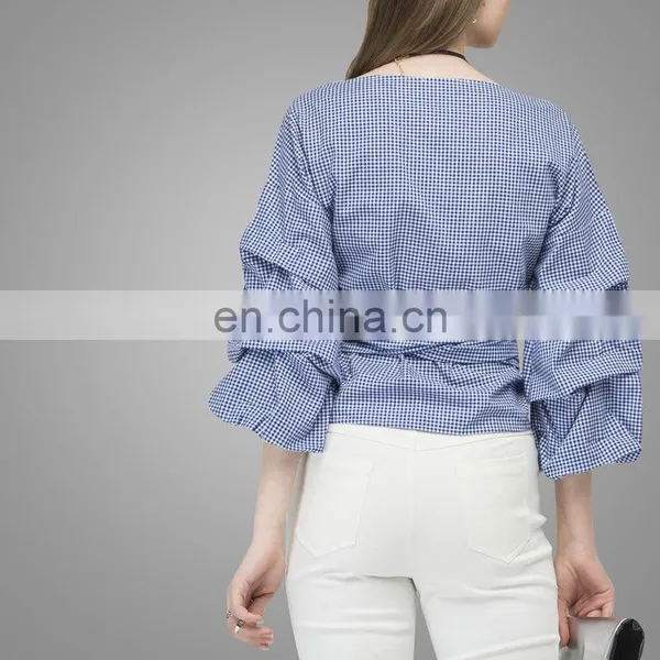 2017 Fashion Design Puff Sleeve Wrapped Top Deeper V Neck Ruched Sleeve Wrap Blouses In Blue photo-3