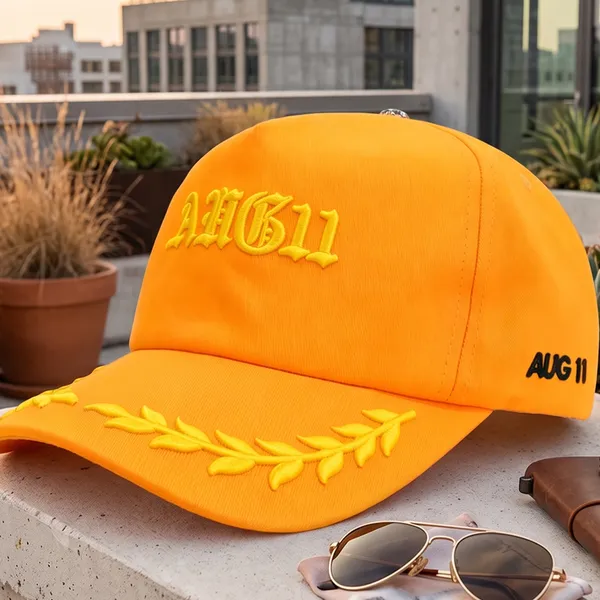 Vivid Orange Streetwear Vibe Gothic Lettering Visor Laurel Wreath Embroidery Yellow 5 Panel Hat