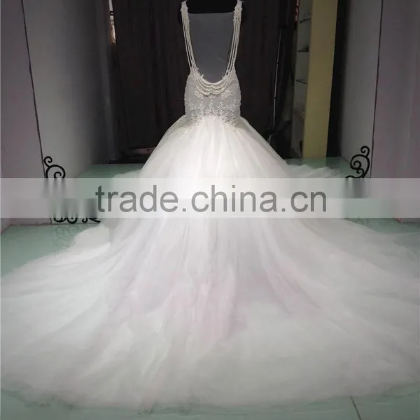 Luxury Beaded Open Back Wedding Dress Chapel Train Vintage Sheer Mermaid Bride Dress photo-2