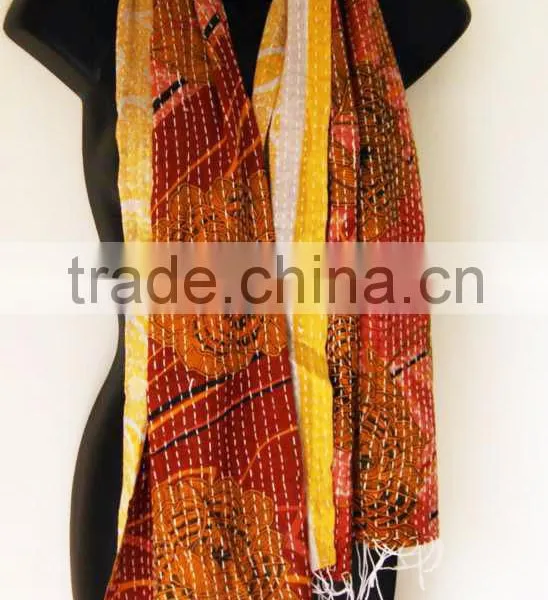 Kantha Silk Sari Scarf Shawl Dupatta Neck Wrap Indian Handmade