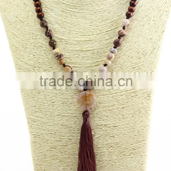 Unisex Women Wooden Beaded Necklace Gemstone Pendant Necklace With Tassel photo-3