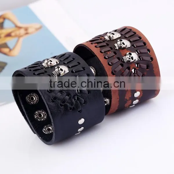 Fashion Wide Cool Rock Men Woman Soft Wrap Genuine Leather Skull Bracelet photo-5