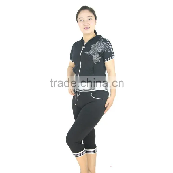 Women Short Sport Jogging Suit Cotton Jersey Shiny Emb. & Print Full Zipper Hooded photo-2