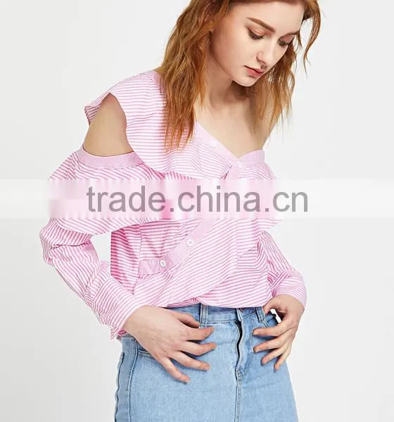 2017 New Blouse Neck Designs Pink Stripe Women Shirt LC8294 photo-2