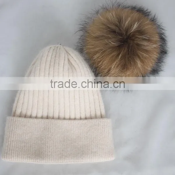 Myfur Wholesale Classic Beige Angola Rabbit Custom Knitted Pom Beanie Hat With Fur Pom photo-6