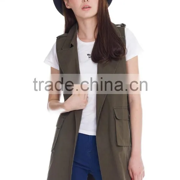 Fashion Ladies Multi Pocket Army Green Vest Coat photo-2