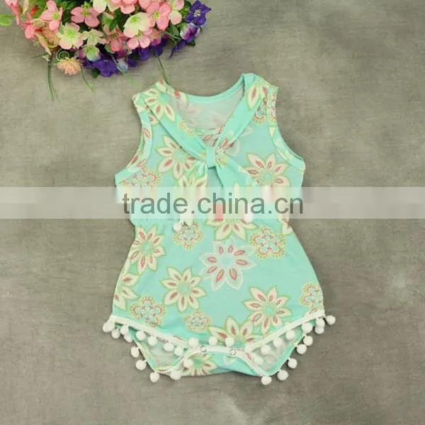 Baby Girls' Cotton Sleeveless Full Flower Print Pom Pom Romper photo-4