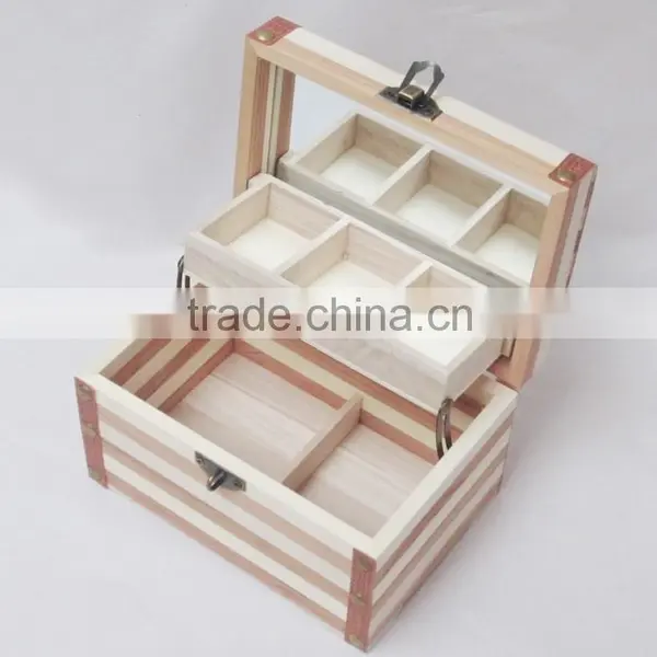 Double Layers Patchwork Solid Wood Storage Box With Mirror
