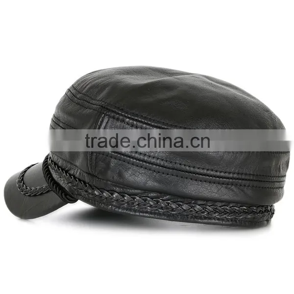 Blank Plain Black European Simple Style Flat-Top Outdoor PU Leather Military Style Caps Quality Choice photo-2