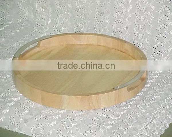 Wooden Round Tray With Metal Handles