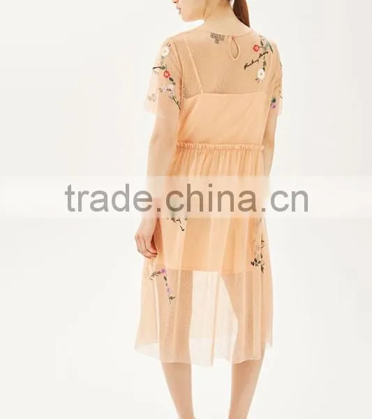 Woman Short Sleeve Flower Embroidered Midi Length Fashion Dress photo-4