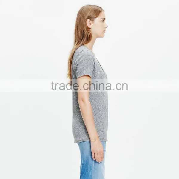 Slub V-neck Ladies t Shirt With Pocket photo-3