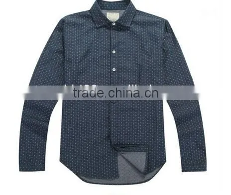 Latest Blue 100% Cotton Cowboy/jeanet Long Sleeve Casual Shirts for Men With Dots and Spread Collar photo-2