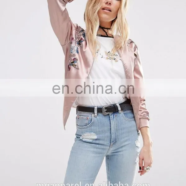 2016 Fashion Women Embroidered Satin Bomber Jacket Wholesale photo-2
