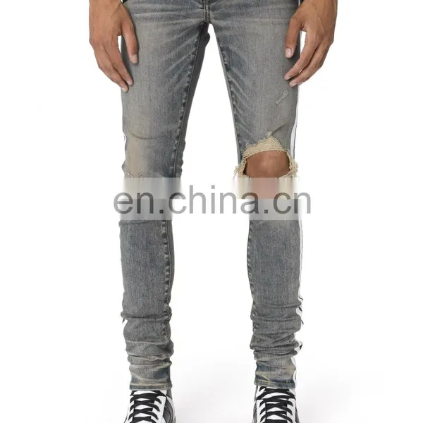 DiZNEW Dirty Indigo White Side Broken Track Ripped Denim Jeans Men photo-3