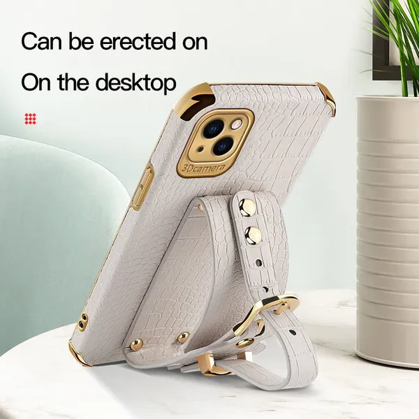 2022 New Wrist Strap Electroplated Crocodile Pattern Four Corner Fall Proof Leather Phone Case For Iphone 8 Plus X Xr 13 14 Pro photo-5