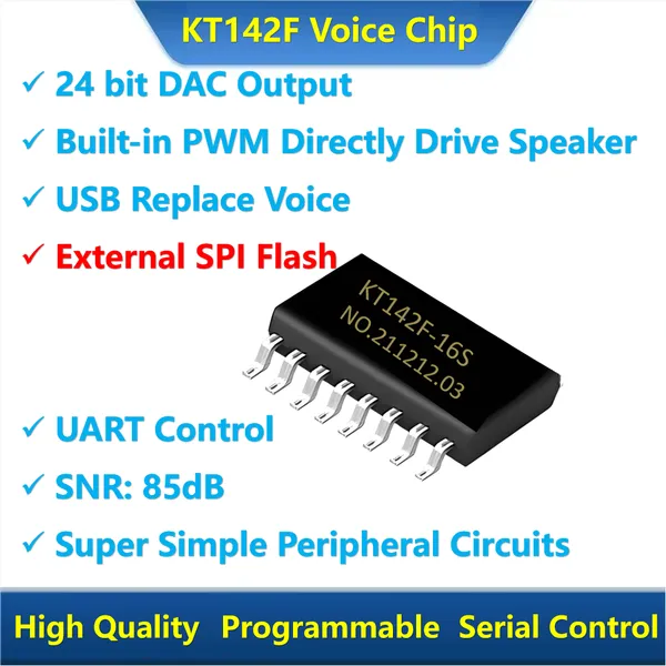 KT142F Voice Chip Sound Prompt IC Supports External SPI Flash Virtual as U-Disk Capacities Auto Adapts Serial Por Audio Combination Playback Insertion