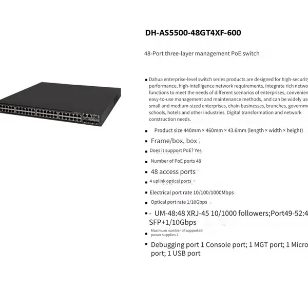 Dahua Dh-as5500-48gt4xf-600 48-port Layer 3 Managed Smart Poe Switch photo-4