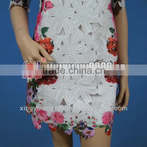 Romantic French Rose Printing Crochet 3/4 Sleeve Lace Dress photo-3