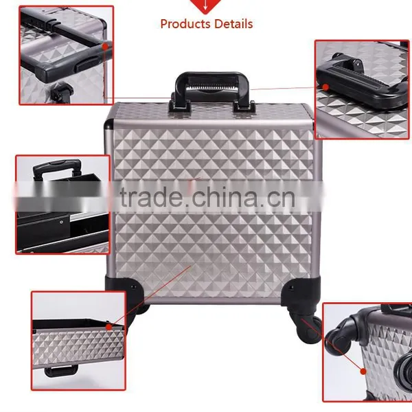 2016 Professional Portable Aluminum Trolley Makeup Case With Pull Strips Compartments Universal Wheel photo-5