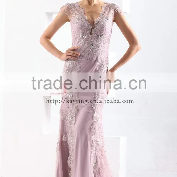 Gorgeous V-neck Cap Sleeve Pretty Appliqued Beaded Sequins Real Sample Prom Dress photo-3