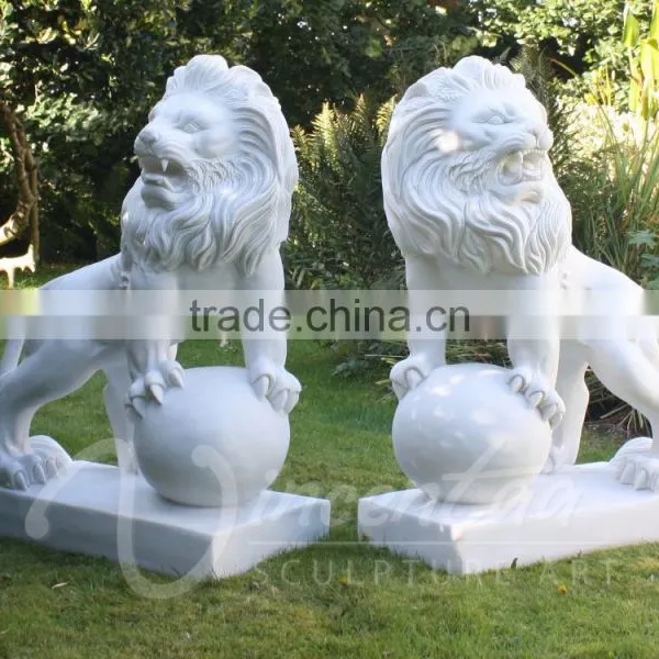 Large art craft garden sculpture marble lion with ball