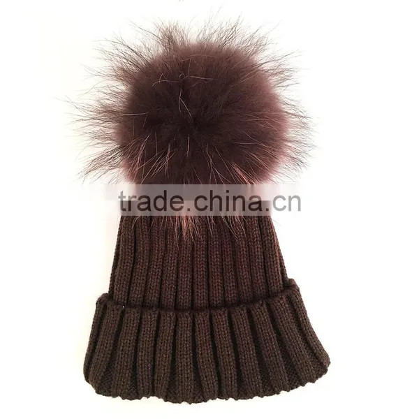 Myfur Men Wool Blend Acrylic Knitted Hat With Fluffy Raccoon Fur Pom Pom photo-2