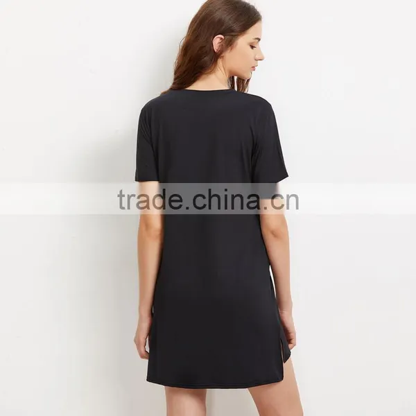 Printed Black Bow Dresses for 15-20 Years Girls Short Sleeve Tee Dress photo-4