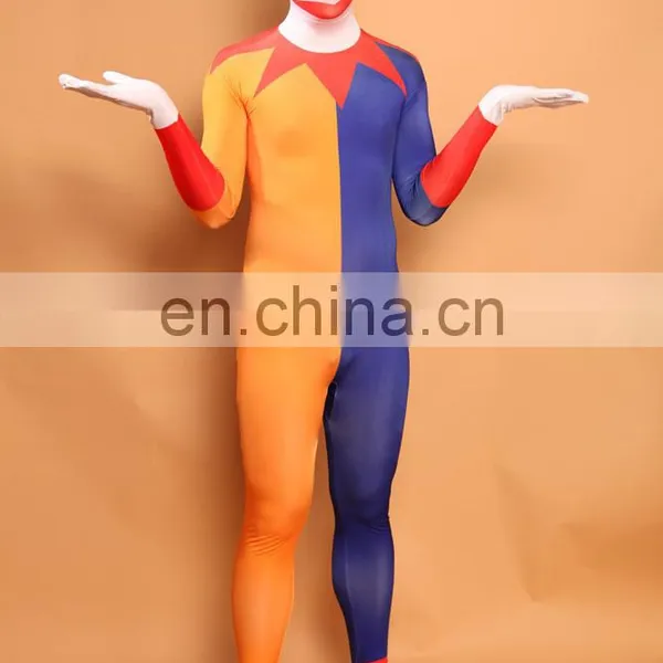 Mens Blue & Yellow Split Second Skin Suit Zentai Clown Fancy Dress Lycra Bodysuit
