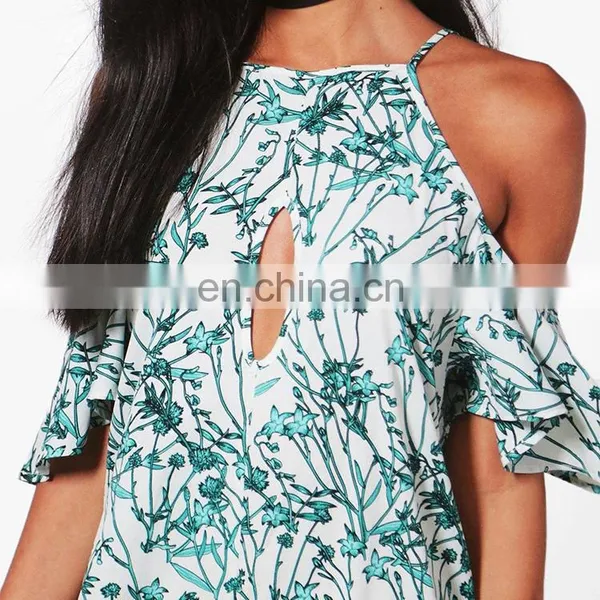 Woven Floral Spaghetti Straps Cold Shoulder Printed Women Mini Dress photo-4