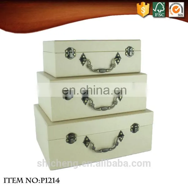 Decorative Pure Color Kraft Paper Cardboard Antique Metal Handles Suitcase Storage Box