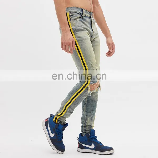 DiZNEW Men's High Stretch Striped Ripped Blue Skinny Side Jeans Man photo-4
