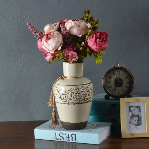 Tassel Rope American Countryside Style Hand Made Large White Ceramic Vase For Dining Room Decor photo-3