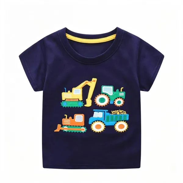 Boys’ Construction Vehicle Appliqué Cotton Short-Sleeve T-Shirt