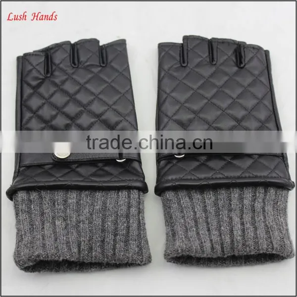 Ladies Half Finger Leather Driving Gloves Knitted Cuff Leather Glove photo-2