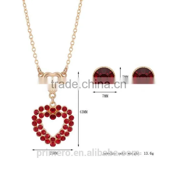 New Arrival High Quality Red Crystal Stone Love Heart Ladies Stud Earrings / Necklaces Jewelry Sets photo-3