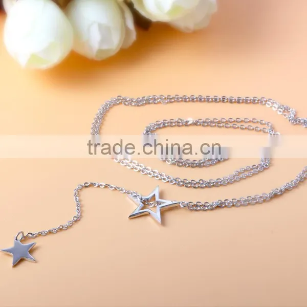 Anniversary Sterling Silver Personalized Double Star Fancy Long Chain Necklace photo-2