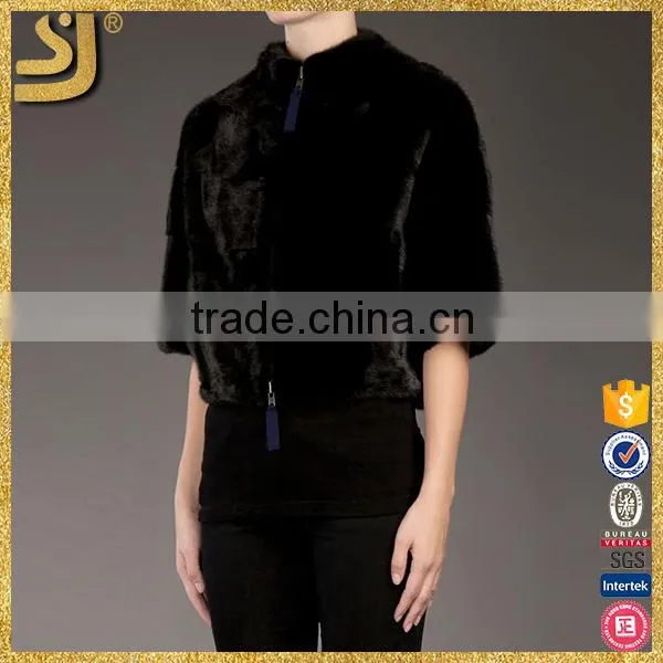 SHANGYI Black 3/4 Sleeve Zipper Cropped Fur Coat for Woman photo-3