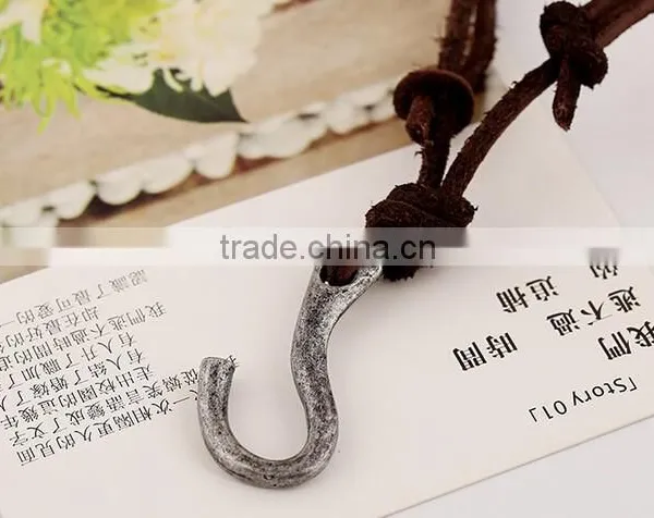 Vintage Real Cow Leather Fish Hook Pendant Bown Genuine Cowhide Necklace for Men photo-3