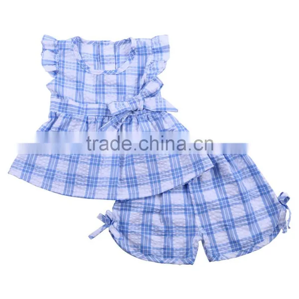100% Cotton Seersucker Girl Plaid Outfits Infant Girls Candy Dress Sets Shorts Girls Boutique Outfits photo-3