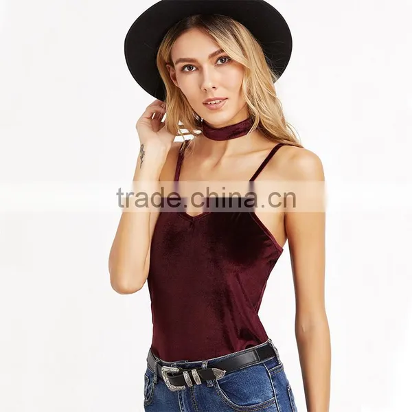 Velvet V-neck Top With Choker, Ladies Sexy Tank Top photo-3