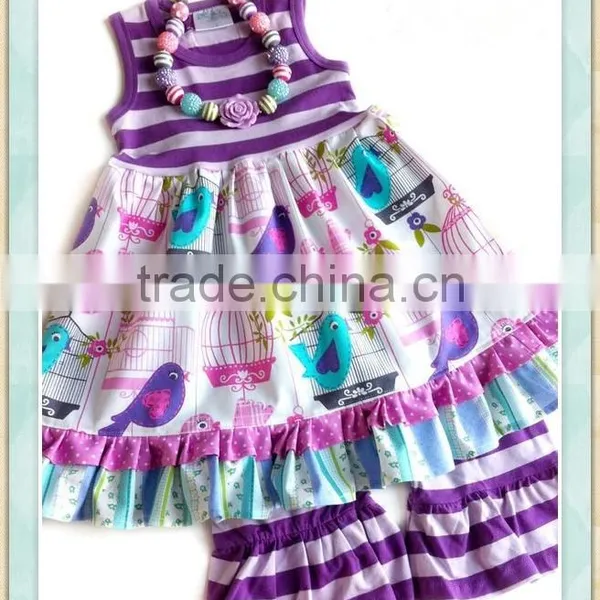 Wholesale Zentai Girls Suit Clothing Sleeveless Birds Print Ruffle Outfit Branded Stocklot Garments Girls Clothes New Style